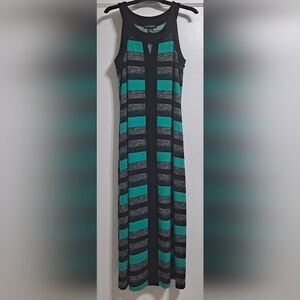 Ellis Mc Carthy Striped Sleeveless Maxi Dress Black and Green Keyhole Front EUC